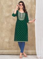 Magic Slub Green Festival Wear Foil Print Readymade Kurti